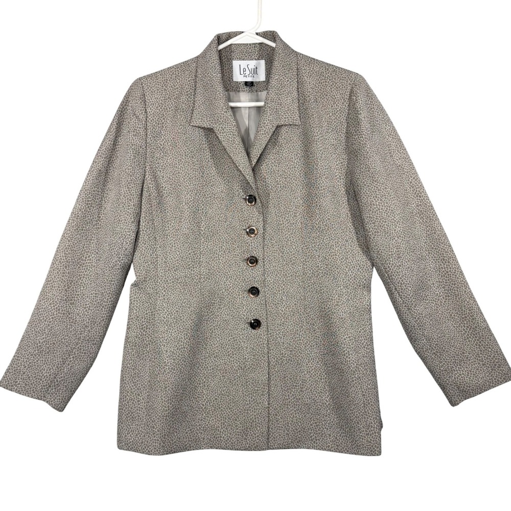Le Suit Petite Blazer Women Size 10P Tan Cream Animal Print Button Front